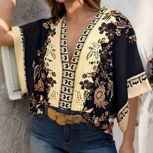 Breezaya Plus Size Positioning Printed Deep V-Neck Casual Loose Vacation Shirt